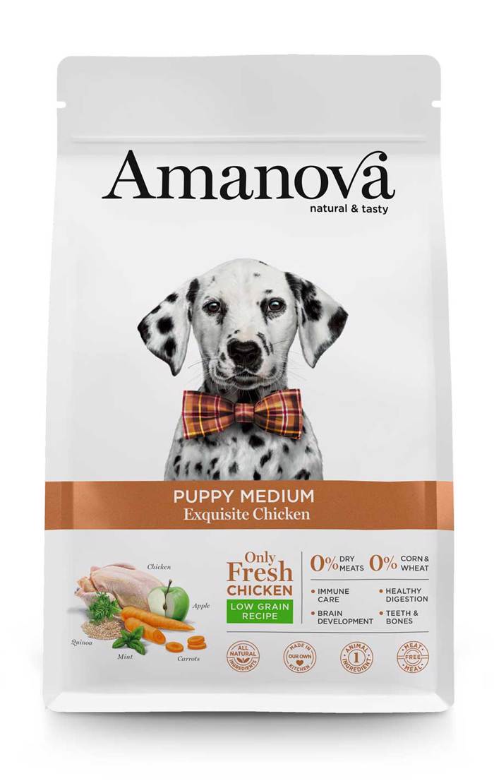 Amanova Puppy Medium Exquisite Chicken Low Grain Xira Trofi me Lig Sitira ga Koutabia Mesaion Fulon me Kotopoulo 12kg	